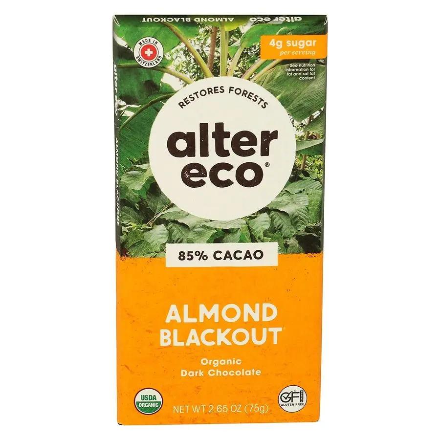 20817670012561 alter eco organic almond blackout dark chocolate display 12count 243501 front inside 20817670012561 alter eco organic almond blackout dark chocolate display 12count 243501 front inside
